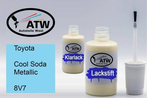 Toyota, Cool Soda Metallic, 8V7: 20ml Lackstift + 20ml Klarlack - Set, von ATW Autoteile West.